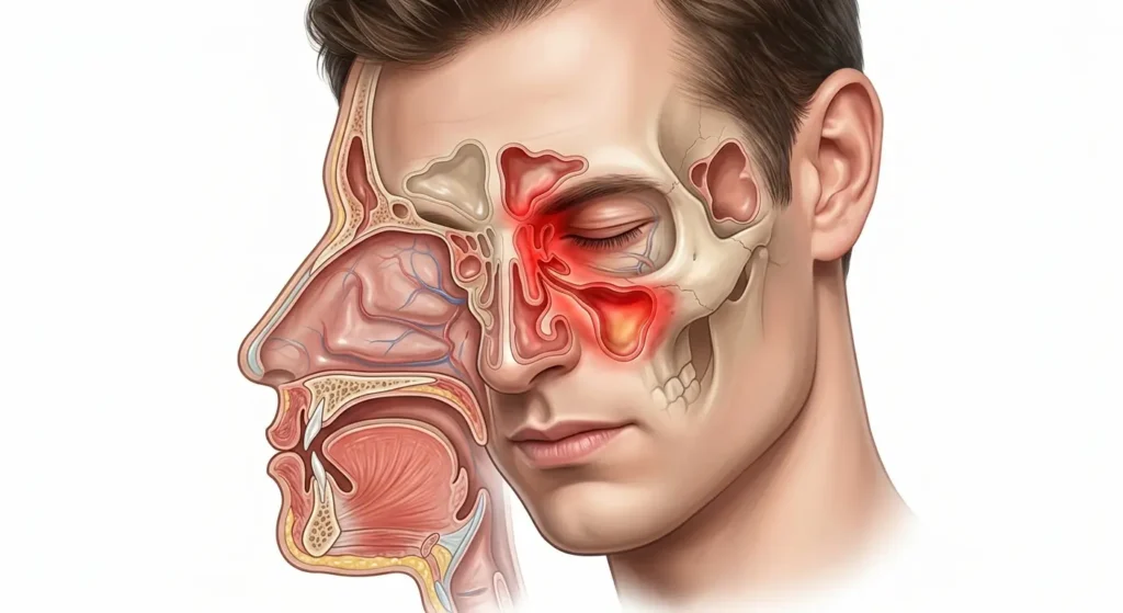 Inflamed sinuses causing pressure around the eye.
