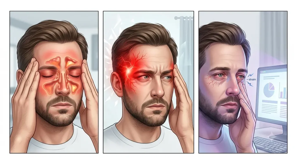 Comparison of sinus eye pain, migraine, and digital eye strain.