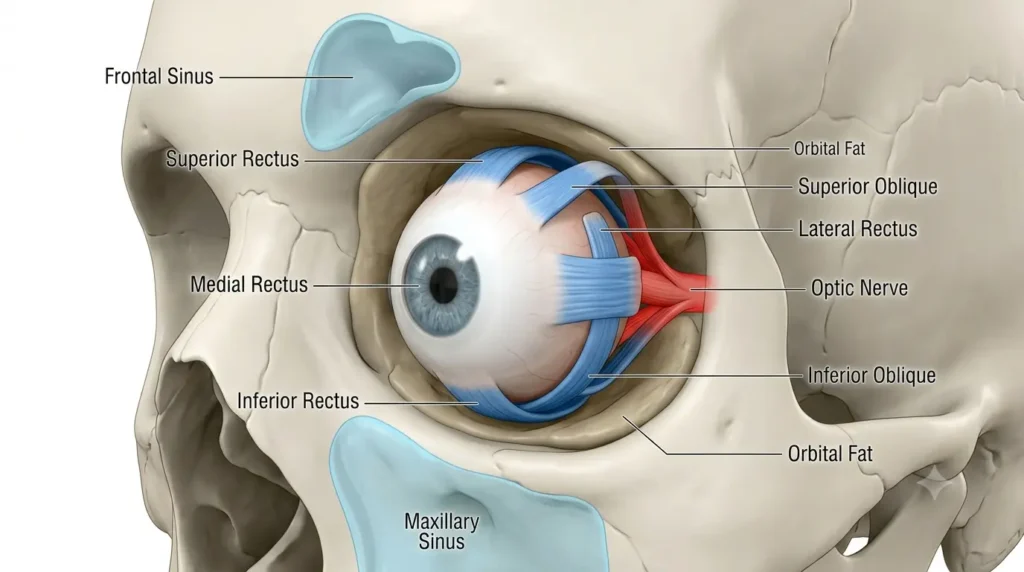 Anatomy of the eye showing extraocular muscles optic nerve and frontal sinuses