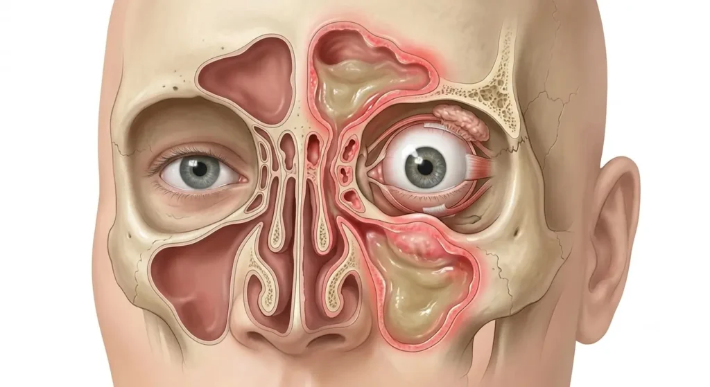A realistic cross-sectional medical illustration of the human face highlighting inflamed frontal and maxillary sinuses pressing near the eye socket. Show swollen sinus cavities with subtle red inflammation, healthcare educational style, highly detailed anatomy, white background, no labels, no watermark.
