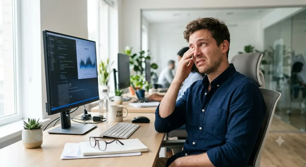 A realistic office worker staring at a computer screen for long hours with tired eyes and rubbing one eye while looking upward. Modern workspace, computer monitor, natural lighting, photorealistic, healthcare awareness style, no text, no watermark.