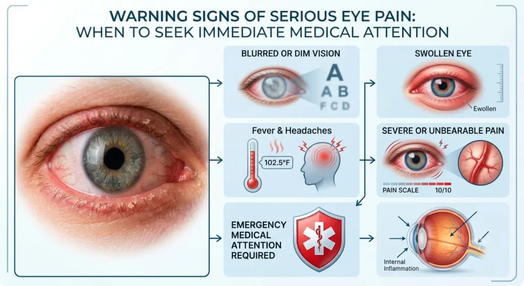 Warning signs of serious eye pain including blurred vision swelling and fever